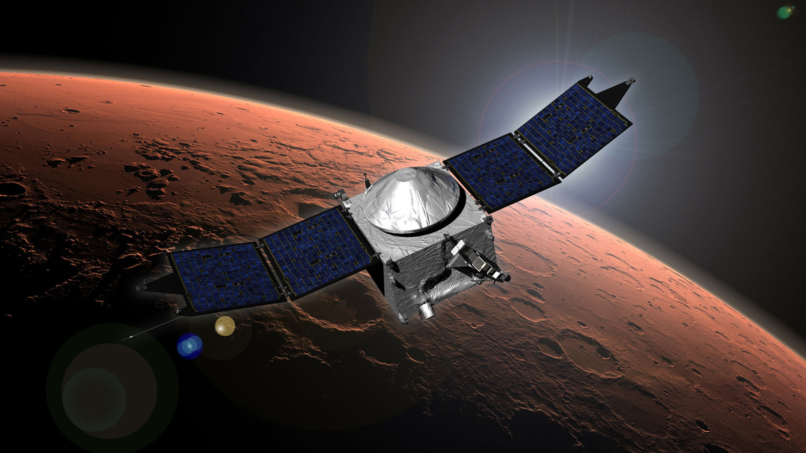 Figure 3: The MAVEN orbiter as it orbits Mars. Credit: NASA/Goddard Space Flight Center