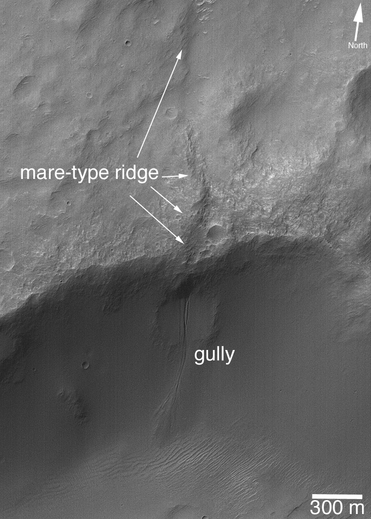 Image of Martian features likely caused by liquid water, taken by the MGS. Courtesy of NASA/JPL/Malin Space Science Systems.