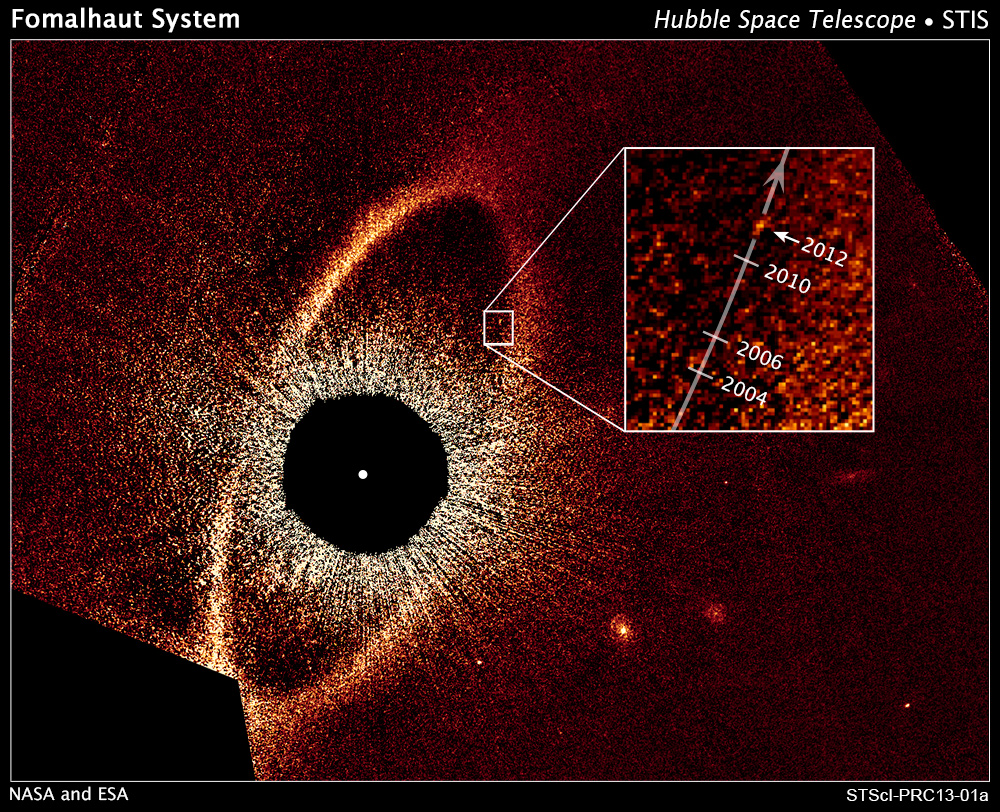 Fig 6. Image taken with the Hubble Space Telescope shows the orbital motion of the planet Fomalhaut b. Astronomers have calculated that the planet is in a 2,000-year-long, highly elliptical orbit. The black circle at the center of the image blocks out the light from the bright star, allowing reflected light from the belt and planet to be photographed.13 Credit: NASA/ESA