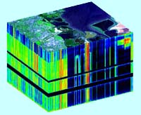 Example image of a data cube with the photo taken (being in this case of a coastline) overlain. The missing cross sections are the absorption lines of water.19 Courtesy of NASA/JPL-Caltech