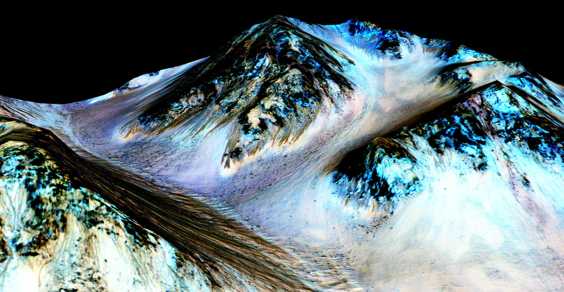 False color image of RSLs on Mars' Hale Crater.8 Courtesy of NASA/JPL-Caltech/Univ. of Arizona.