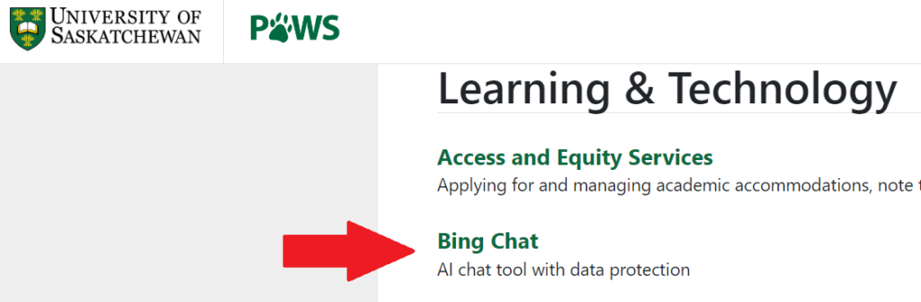 Screenshot of the PAWS app list with an arrow pointing towards the Bing Chat link.