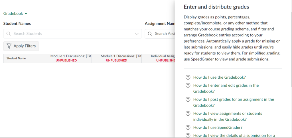 Image of Gradebook in Canvas