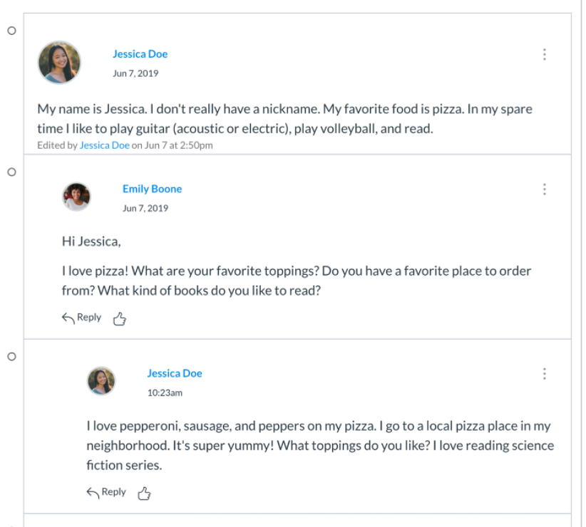 Shows a threaded discussion post in Canvas
